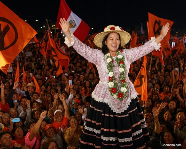 Keiko Fujimori in a straw hat and flower garland raising both arms before a crowd waving orange Fuerza Popular flags and a Peruvian flag