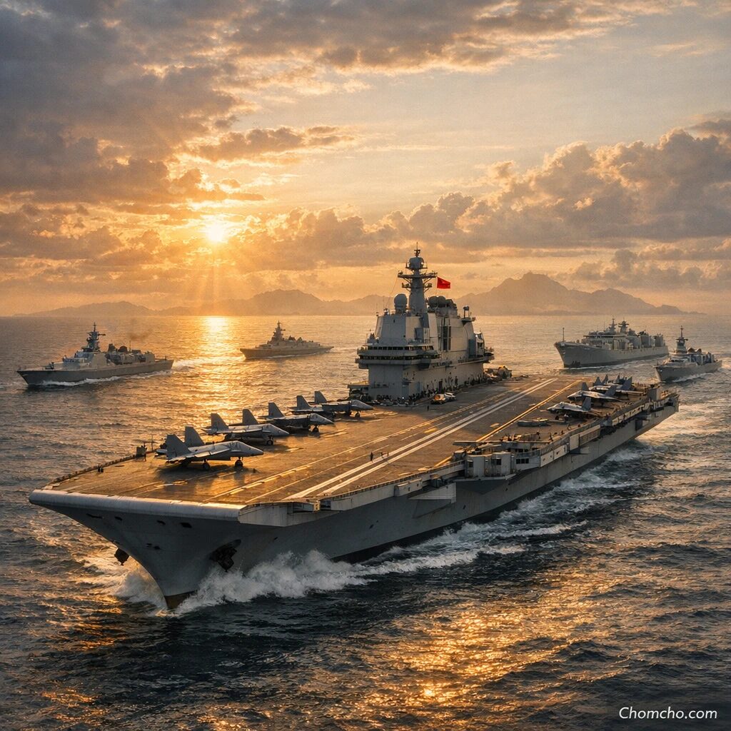 The Chinese aircraft carrier Fujian sailing in open sea with escort destroyers and fighter jets on its flight deck.