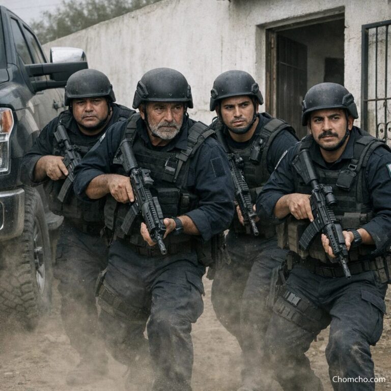 Mexican state police officers in tactical gear and balaclavas moving in file along a street during a night raid.