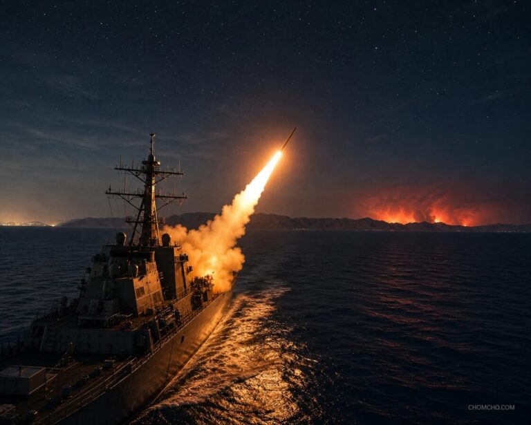 A U.S. Navy warship launching a missile at night, flames lighting the deck, during the American strikes on Iranian targets.