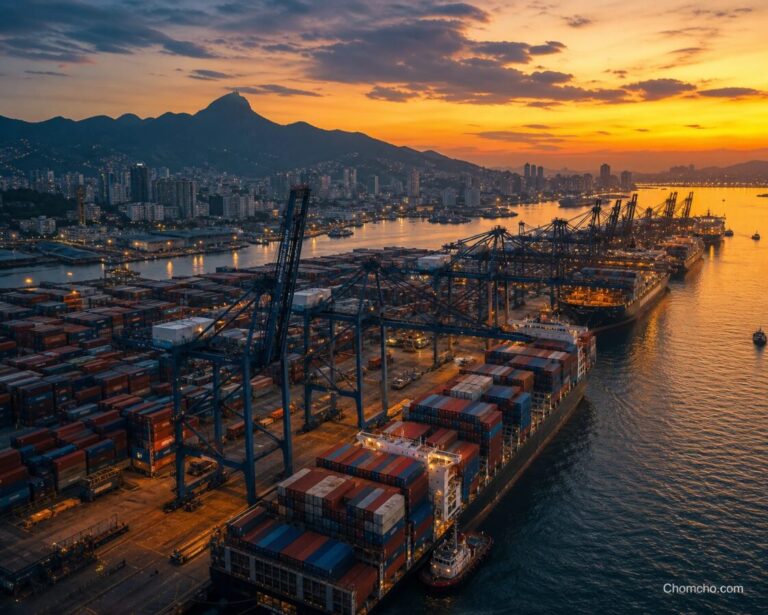 A container port on the Latin American coast with cranes and stacked containers, a copper mine and a city skyline in the background.