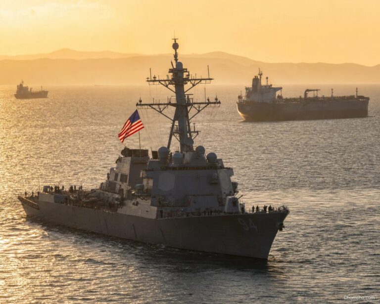 A U.S. Navy aircraft carrier and escort destroyers sailing through the Strait of Hormuz with an oil tanker in the distance.