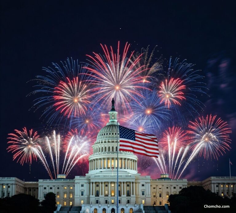 The illuminated dome of the United States Capitol at night, with red, white and blue Fourth of July fireworks bursting in the sky above it.