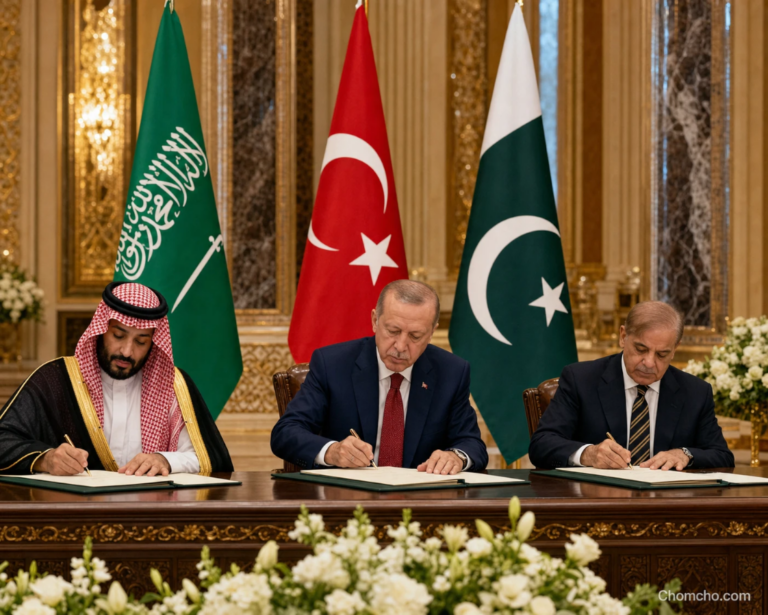 Mohammed bin Salman, Recep Tayyip Erdogan and Shehbaz Sharif standing together at the signing ceremony in Jeddah.