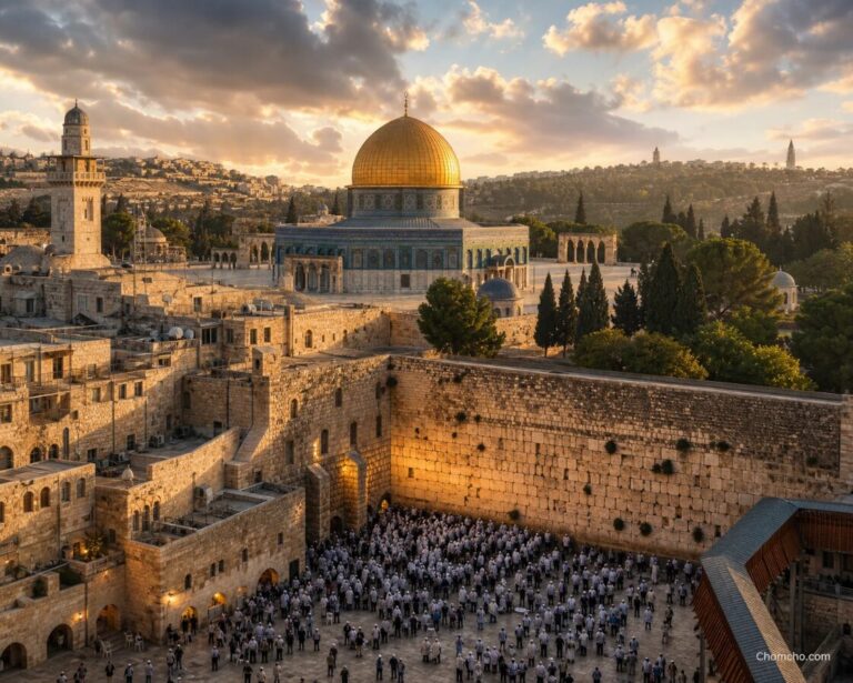 The golden Dome of the Rock on the Temple Mount in Jerusalem, with the Old City walls in the foreground.