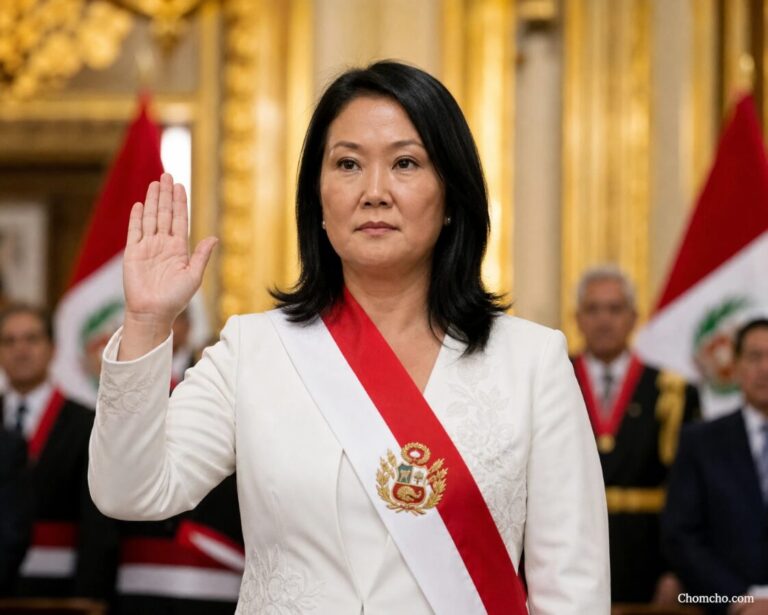 Keiko Fujimori raising her right hand while taking the presidential oath before Congress in Lima, wearing the red-and-white sash.