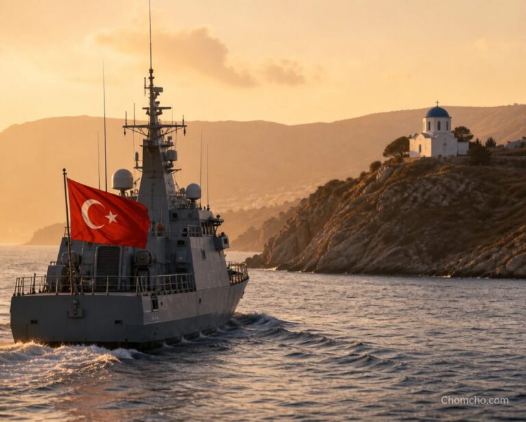 A Turkish patrol boat sailing off the coast of Cyprus, with the island shoreline in the background.